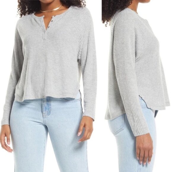 NEW Nordstrom Oversized Waffle Knit Snap Henley Long Sleeve Heather Grey Size XS - Picture 2 of 13